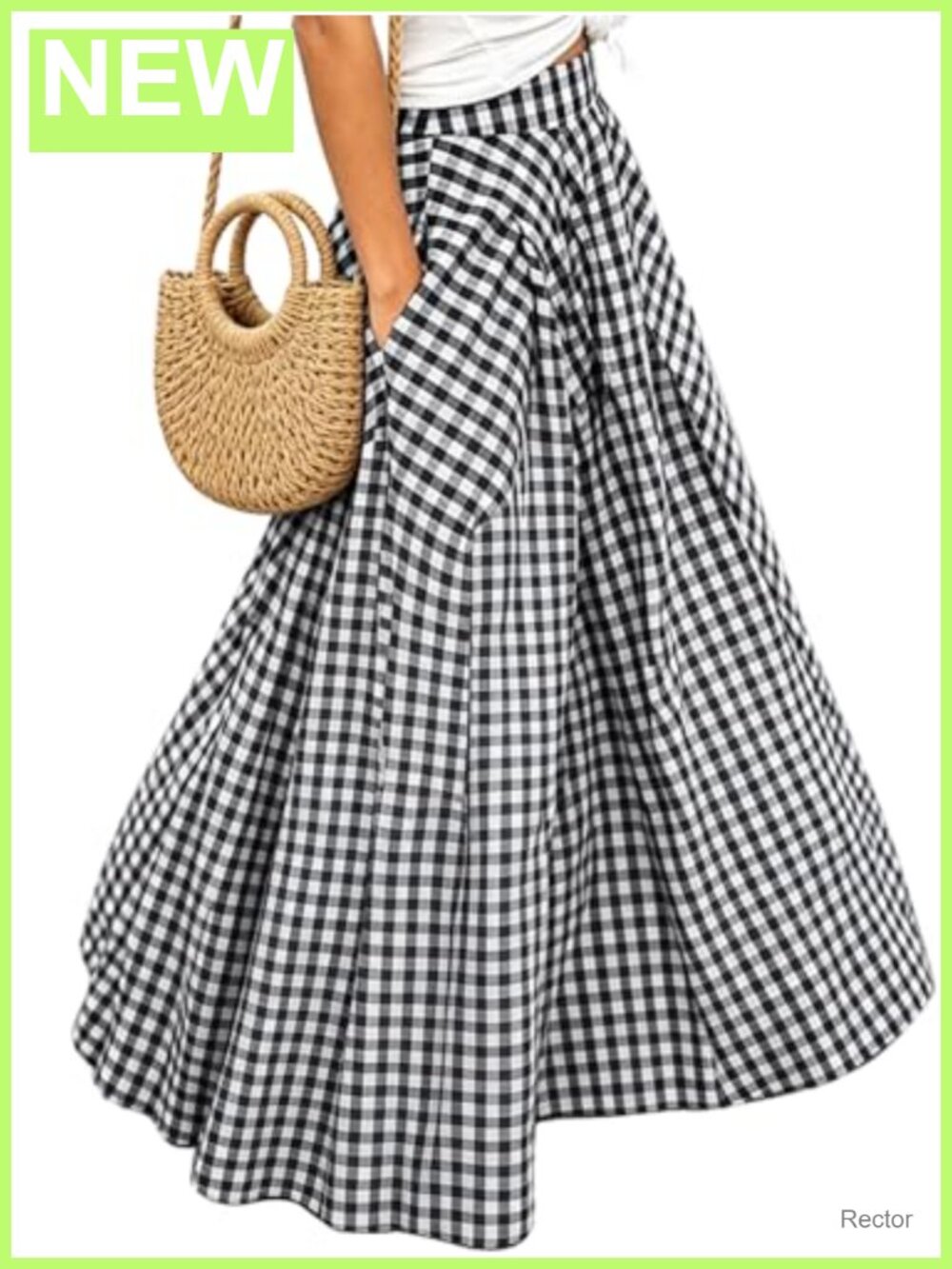 Plaid Gingham Maxi Skirt High Waist A Line Pleated Flared Swing with Pockets